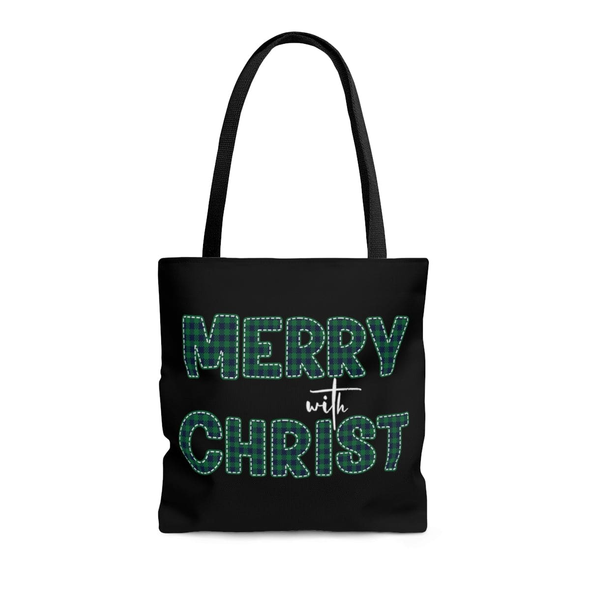 Large Tote Bag - Merry with Christ - Green Plaid Christmas Holiday Print