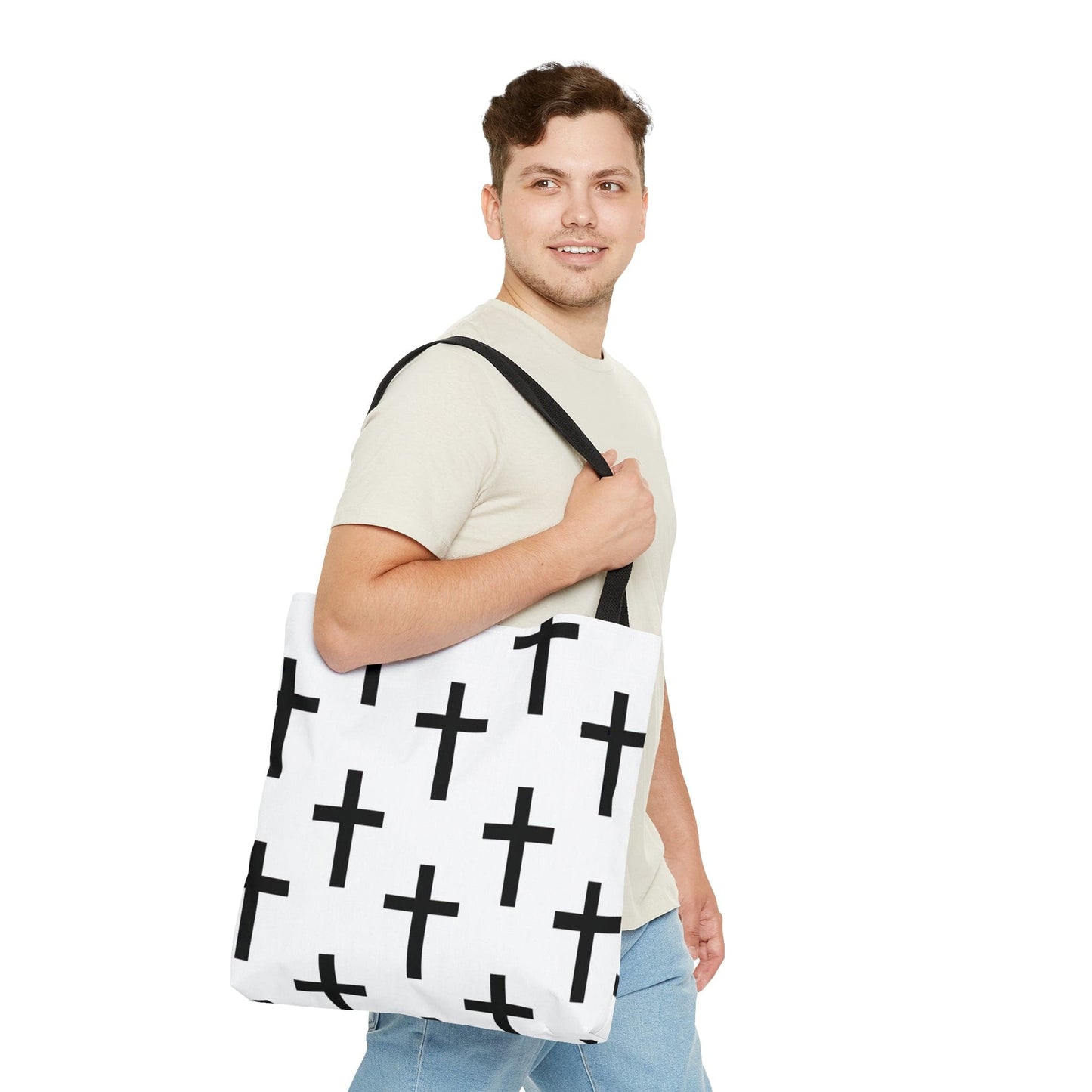Large Tote Bag White and Black Seamless Cross Pattern