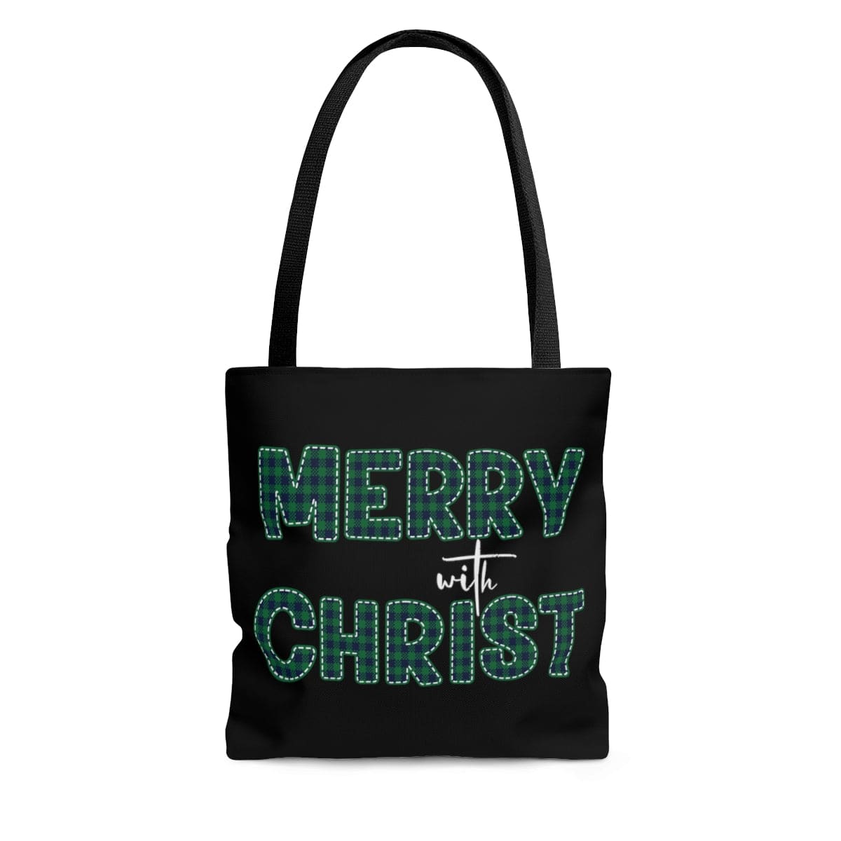 Large Tote Bag - Merry with Christ - Green Plaid Christmas Holiday Print