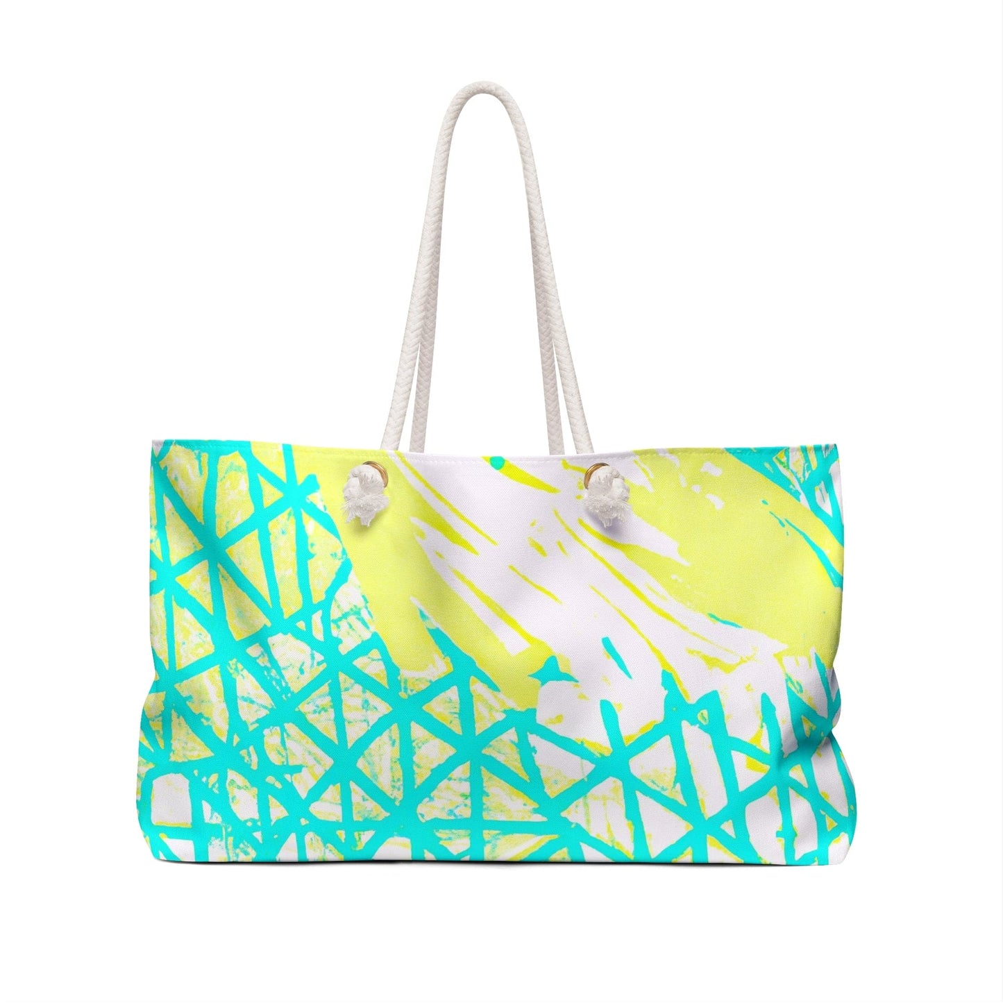 Weekender Tote Bag Cyan Blue Lime Green and White Pattern