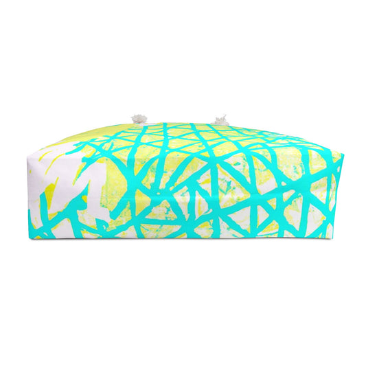 Weekender Tote Bag Cyan Blue Lime Green and White Pattern