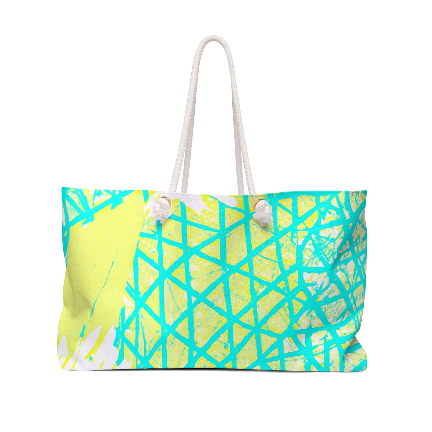 Weekender Tote Bag Cyan Blue Lime Green and White Pattern