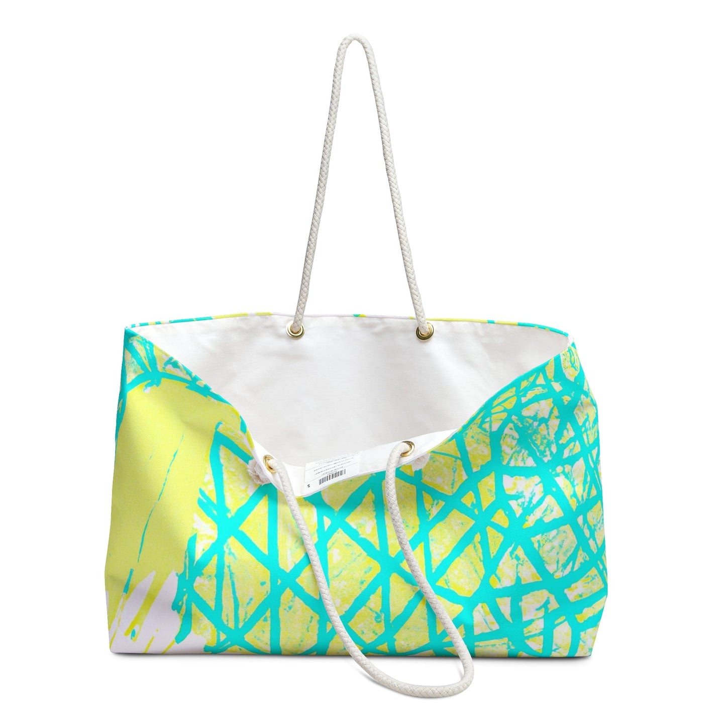 Weekender Tote Bag Cyan Blue Lime Green and White Pattern